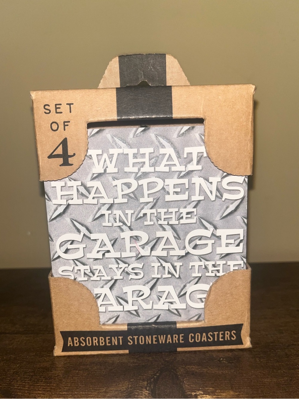 Set of 4 Absorbent Stoneware Coasters - Garage Design Cork Back Father’s Day